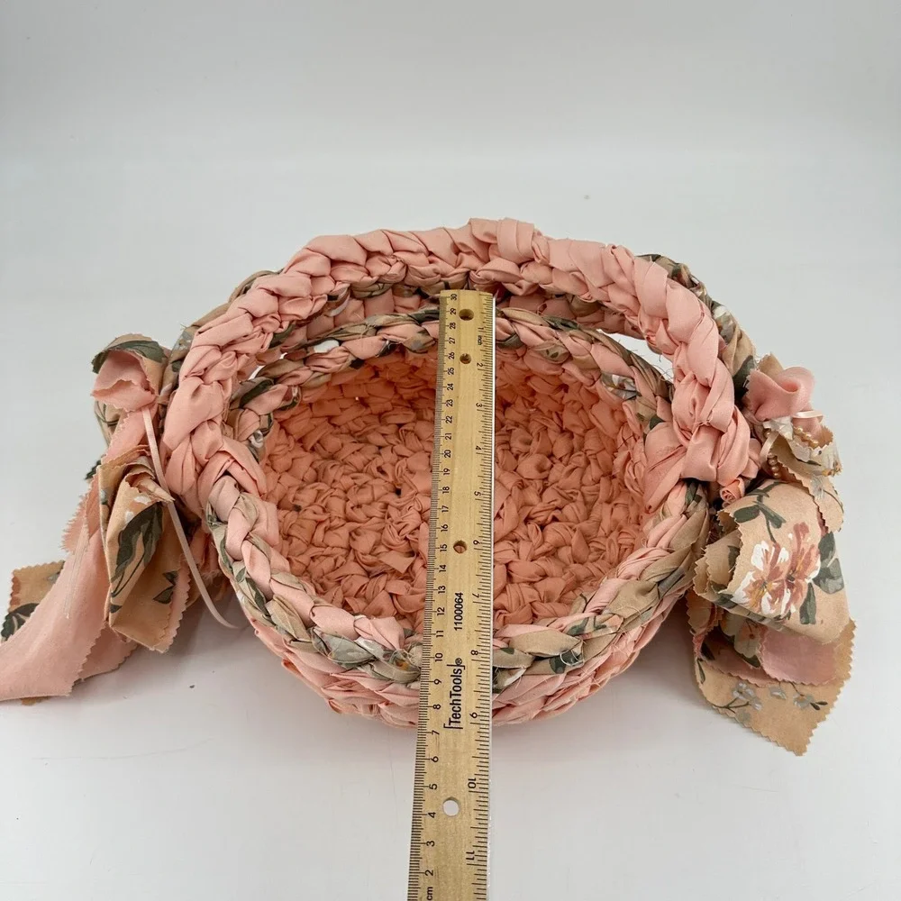 Handmade Peach Floral Woven Fabric Basket with Bows and Pearls Cottagecore Decor